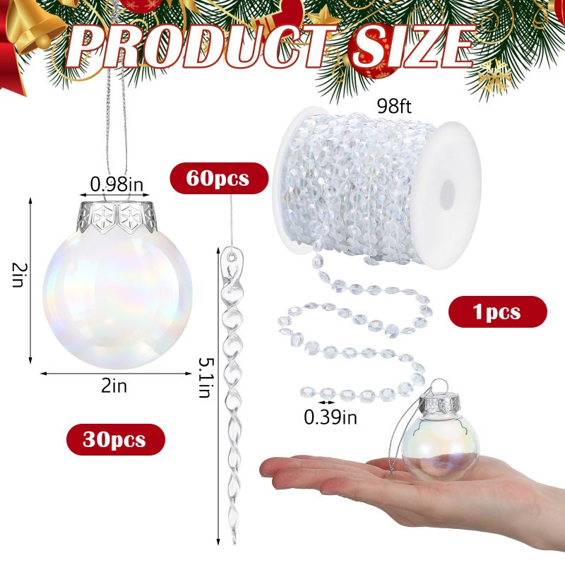 Daifunli 91 Pcs Crystal Christmas Ornaments Set Including 98 ft Crystal Bead Garland Icicle Iridescent Balls Ornaments for Xmas Tree Winter Party Decoration - Image 2